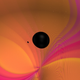 A still from a visualization of the merging objects, depicted as two black holes and emitting gravitational waves.